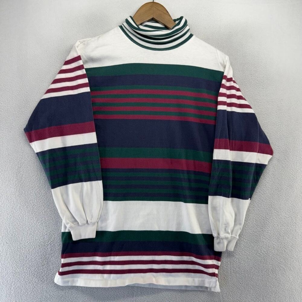 Vintage Blank Turtleneck shirt men's Small White Green Striped Made In USA 90s